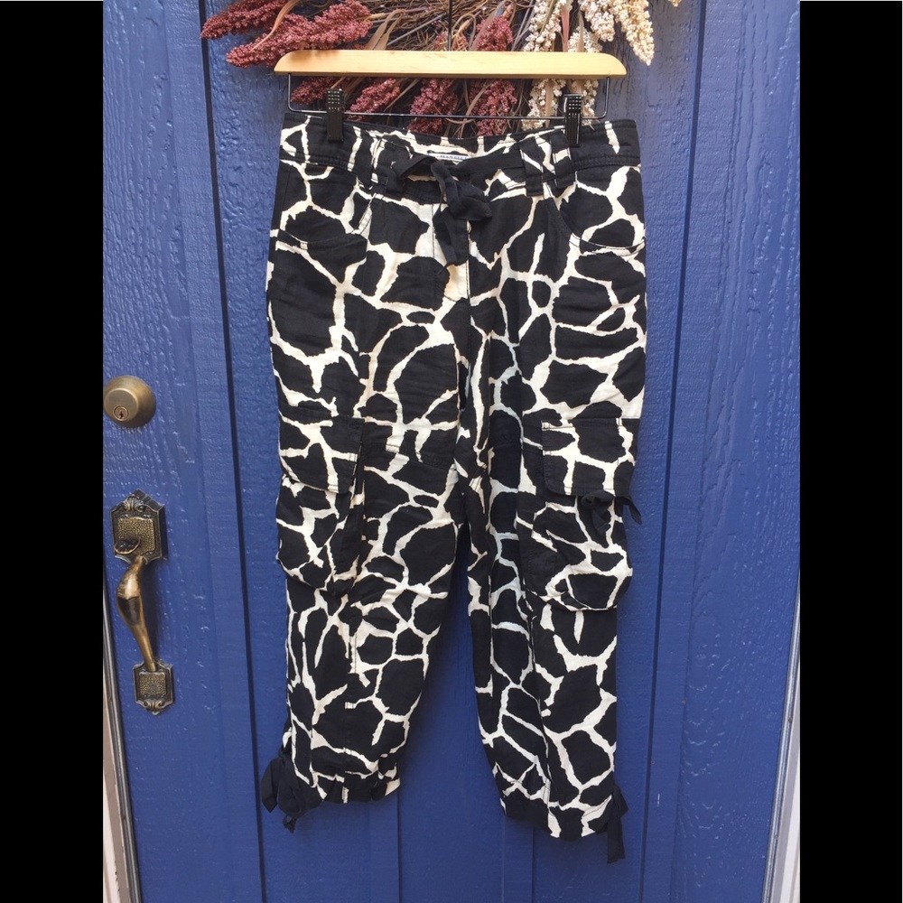 Marella Sport Linen Capri Cargo Pants Organic Animal Cow Print